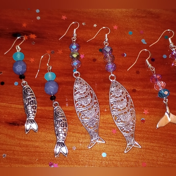 Nautical Sea Life Ocean Beaded Charm Earrings Unique Sparkly Handmade - Picture 5 of 12